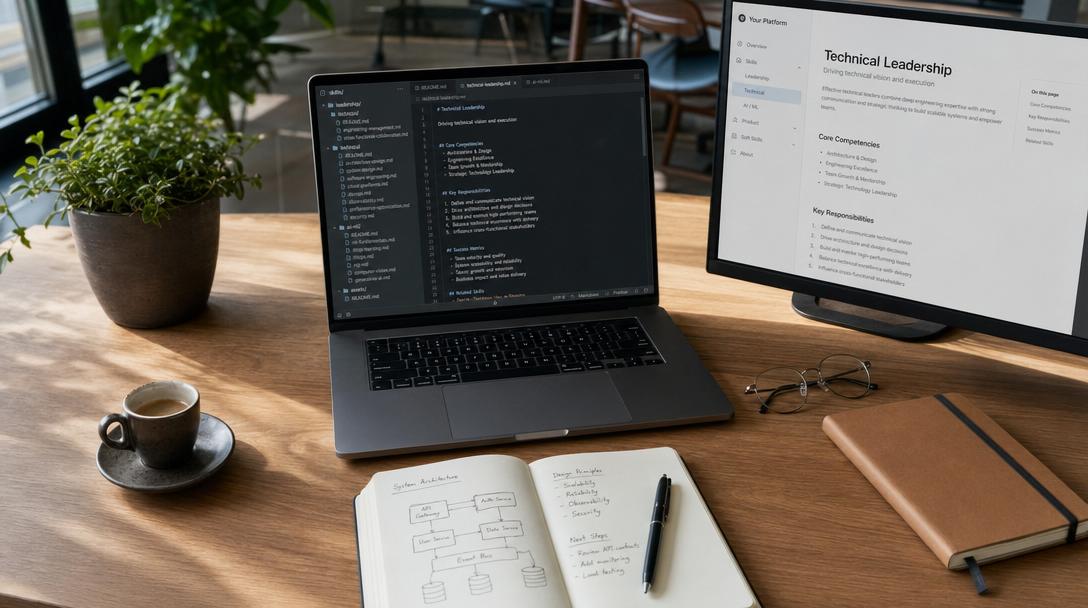 A modern engineering workstation: laptop with markdown skill files open beside a documentation view, leather notebook, espresso cup.